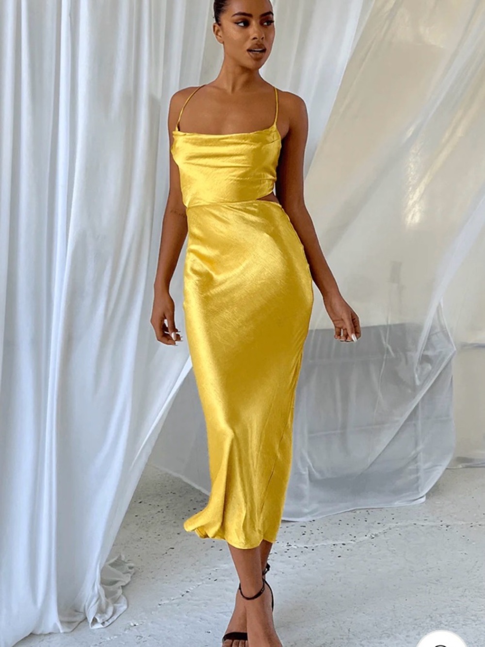 Runway the lebel Satin Textured Cowl Neck Maxi Slip Dress in Yellow Gold